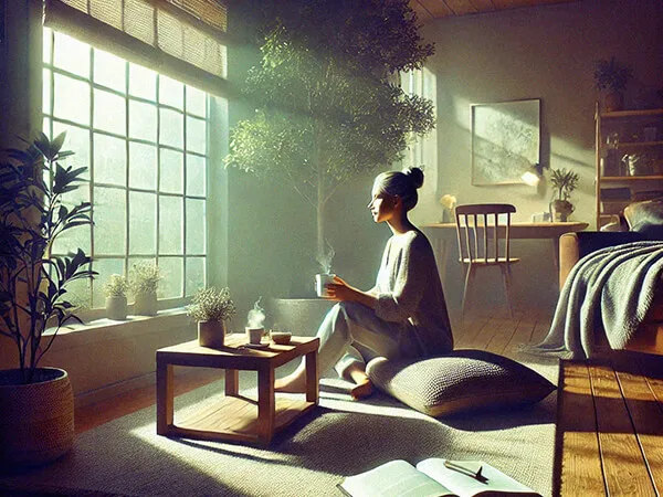 Pessoa praticando autocuidado cognitivo em um ambiente cotidiano, com luz natural, caderno e bebida quente, simbolizando relaxamento e mindfulness.