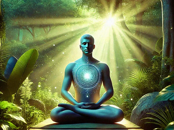 Pessoa relaxando em ambiente natural, representando benefícios do mindfulness para a saúde mental, como redução do estresse e bem-estar emocional.