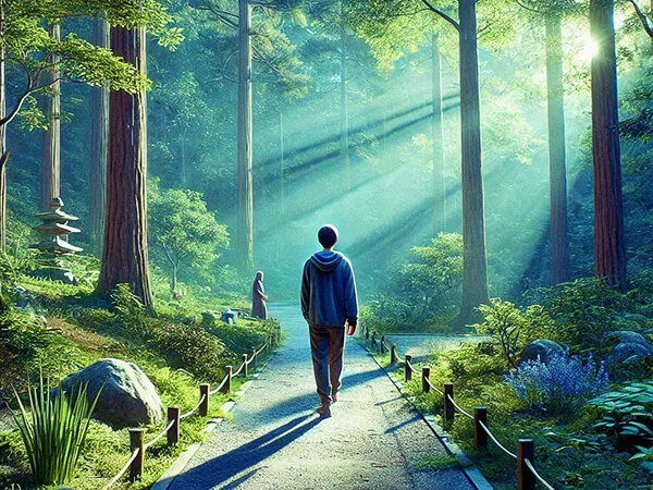 Pessoa caminhando com atenção plena em uma trilha na floresta, representando práticas diárias de mindfulness para foco e tranquilidade.