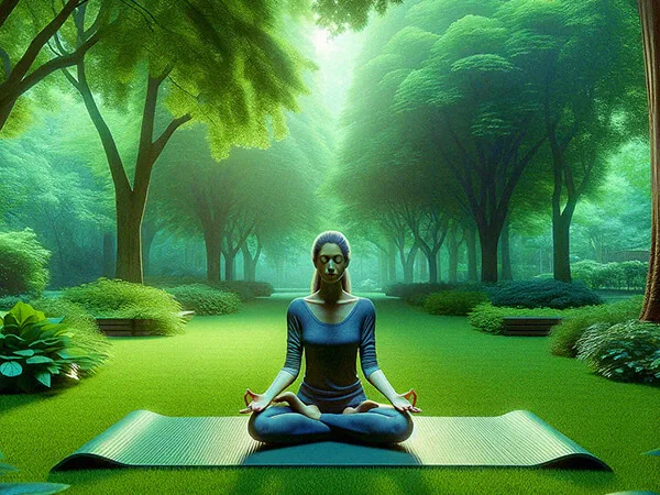 Pessoa meditando em um parque rodeado por vegetação, praticando mindfulness ao ar livre para aliviar o estresse e promover bem-estar.