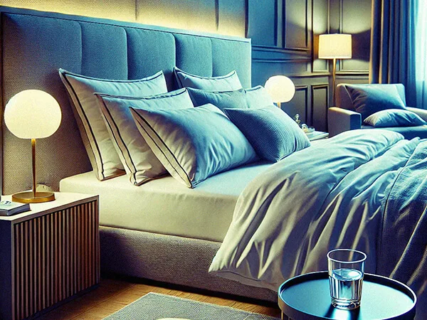 Quarto aconchegante com cama bem alinhada, travesseiros de qualidade e iluminação suave, representando práticas para melhorar o sono.