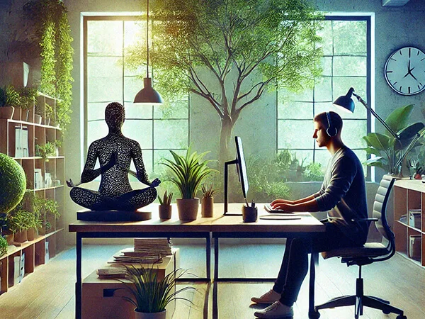 Pessoa trabalhando em um escritório organizado, representando como mindfulness pode melhorar a produtividade e promover equilíbrio emocional.