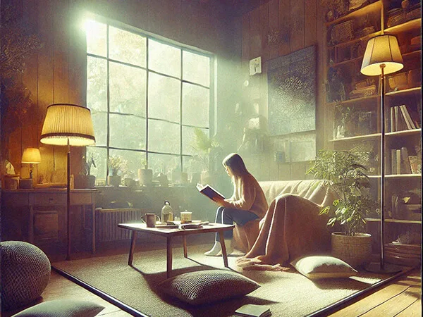 Pessoa praticando autocuidado cognitivo, sentada em um ambiente acolhedor, lendo e relaxando, cercada por elementos calmantes e naturais.
