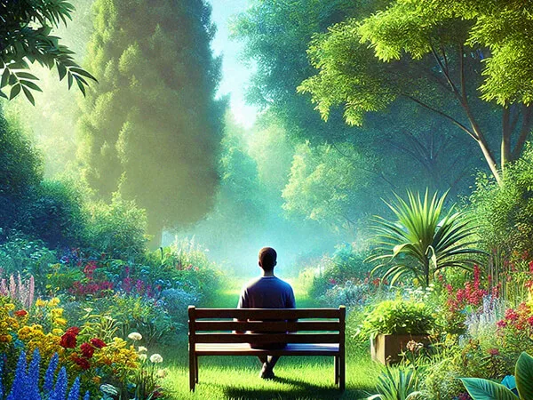 Pessoa sentada em um banco de jardim cercada por árvores e flores, aproveitando a tranquilidade e a conexão com a natureza para promover a saúde mental.