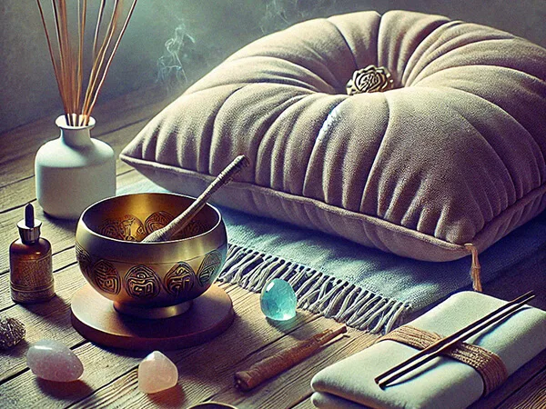 Kit meditação completo com almofada, tigela tibetana e incenso para entender os itens essenciais na prática meditativa.