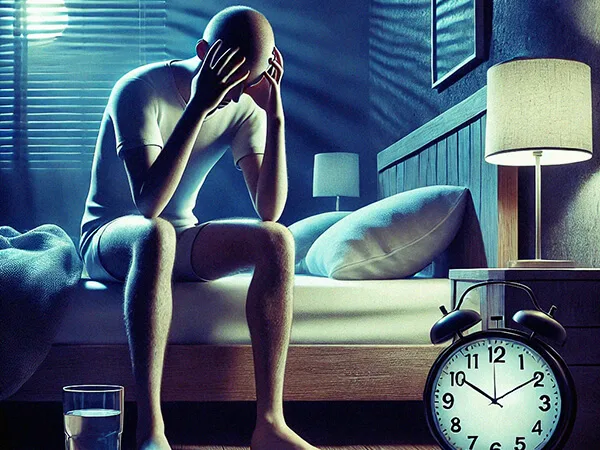 Pessoa sentada na cama durante a noite, segurando a cabeça em desconforto, representando enxaqueca noturna em ambiente com luz suave.