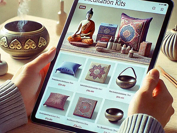 Pessoa pesquisando onde comprar kit de meditação em um tablet, visualizando opções com almofadas, incensos e tigelas tibetanas.
