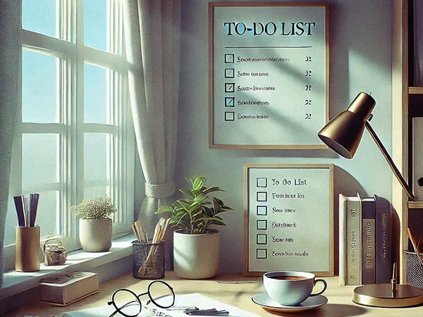 Mesa organizada com lista de tarefas e xícara de café, destacando planejamento e produtividade em um ambiente equilibrado.