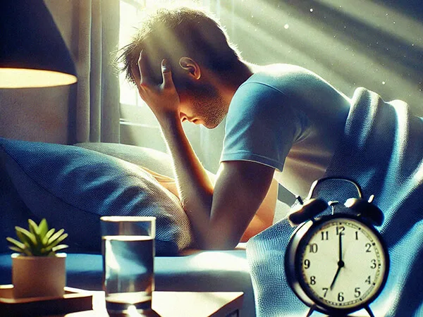 Pessoa deitada em cama, segurando a cabeça em desconforto, simbolizando acordar com dor de cabeça e cansaço matinal.