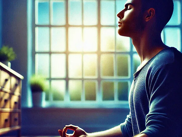 Pessoa praticando exercícios de respiração profunda em casa, representando técnicas de relaxamento para reduzir o estresse e a dor na coluna.