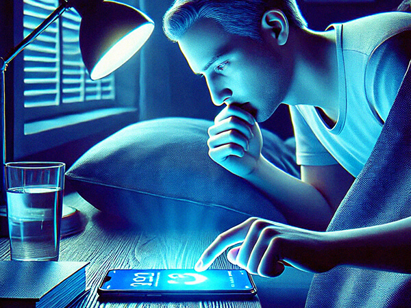 Pessoa usando smartphone na cama à noite: luz azul brilhante em um ambiente escuro, ilustrando hábitos que prejudicam o sono profundo.