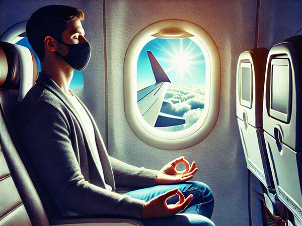 Viajante meditando sentado em uma poltrona de avião, com expressão serena, próximo à janela mostrando o céu e nuvens, simbolizando relaxamento em voos.