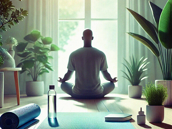 Pessoa meditando em um tapete de yoga, cercada por plantas e luz natural, simbolizando práticas de autocuidado para a saúde mental.