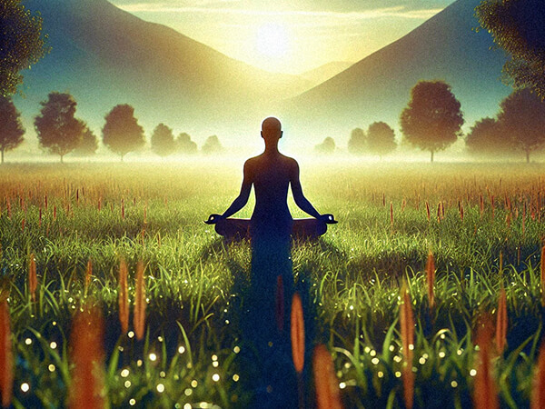 faça a seguinte meditação para observar sua consciência. Pessoa meditando ao ar livre ao amanhecer, sentada em campo gramado, cercada por montanhas e luz suave, simbolizando tranquilidade.