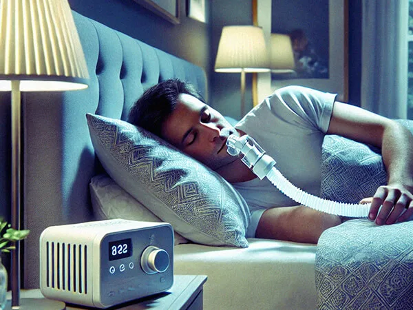 Pessoa dormindo confortavelmente em uma cama, usando um dispositivo oral, representando o tratamento da apneia do sono leve.