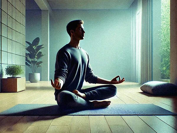 Pessoa praticando meditação com dinâmica em ambiente interno tranquilo, com movimentos suaves e foco na respiração.