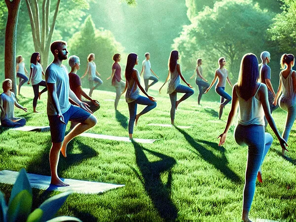 Grupo de pessoas praticando meditação com dinâmica ao ar livre, com movimentos conscientes em ambiente natural e sereno.