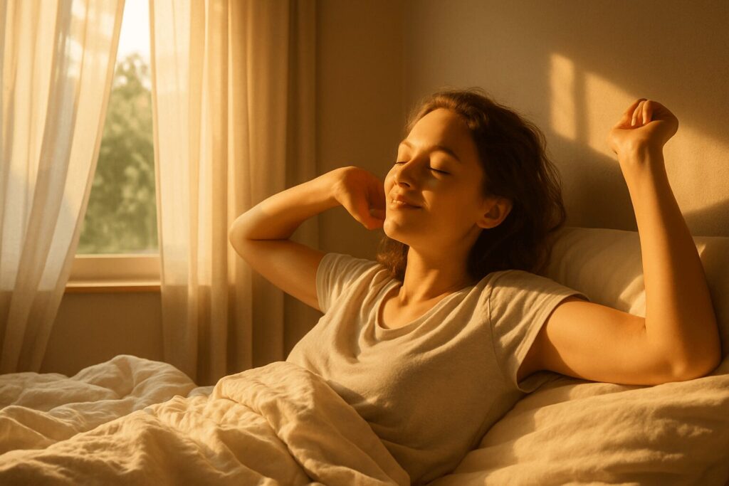 Pessoa despertando com luz natural da manhã representando como o relógio biológico regula o sono e a vigília