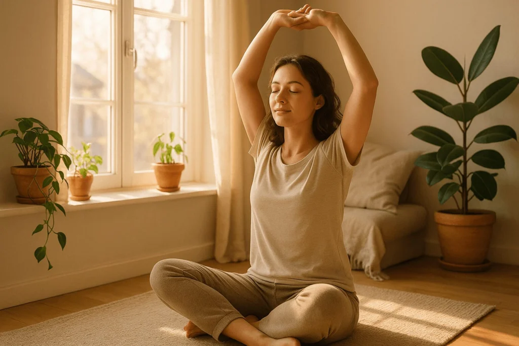 Pessoa meditando pela manhã sob luz natural mostrando como regular e fortalecer o relógio biológico do sono