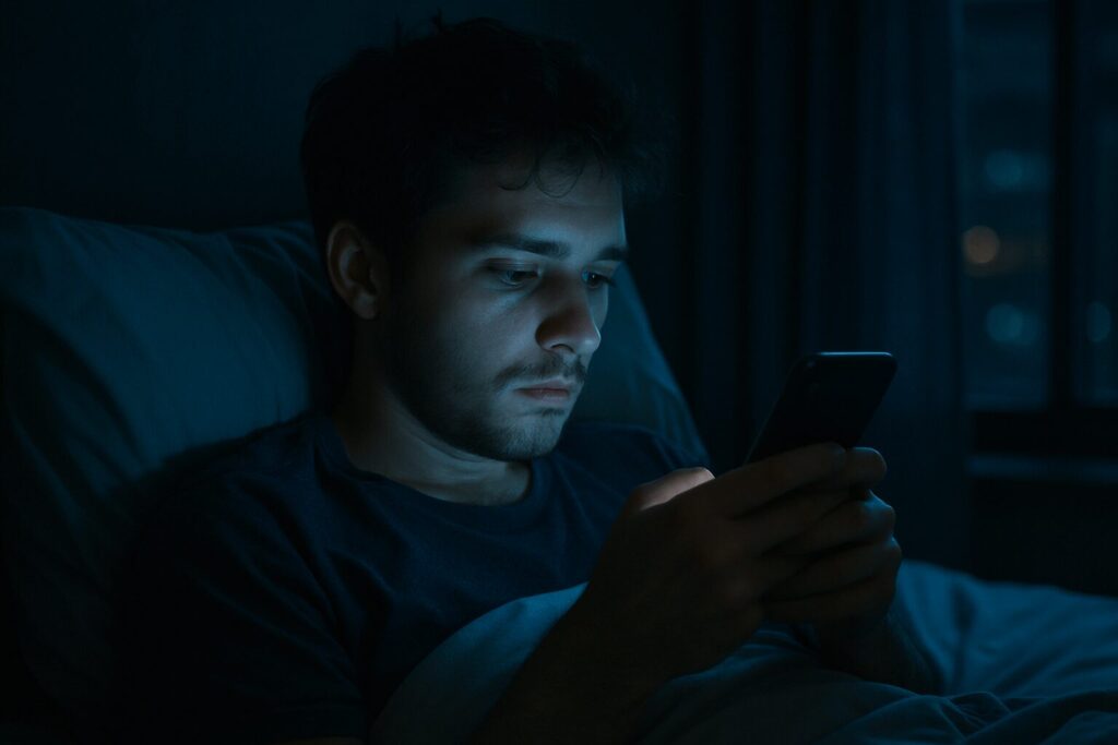 Pessoa usando celular à noite ilustrando fatores que afetam o funcionamento do relógio biológico do sono